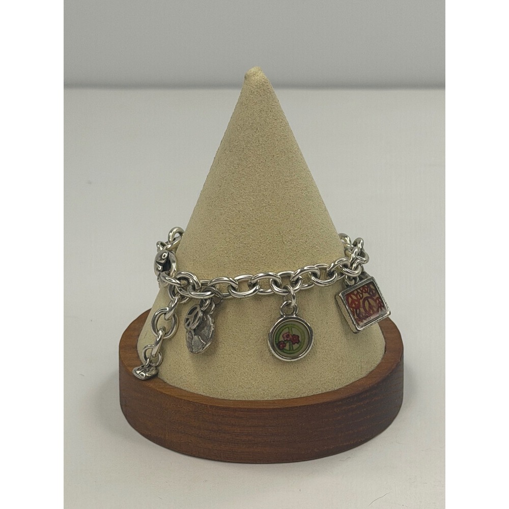 Brighton Silver Tone Love Peace Dove Heart Charm Bracelet Rolo Link Boho Hippie - Picture 2 of 7